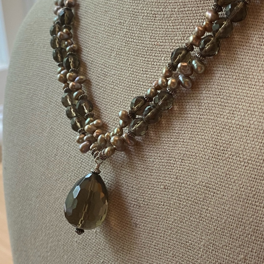 Faceted smoky quartz and pearl 925 silver Necklace
